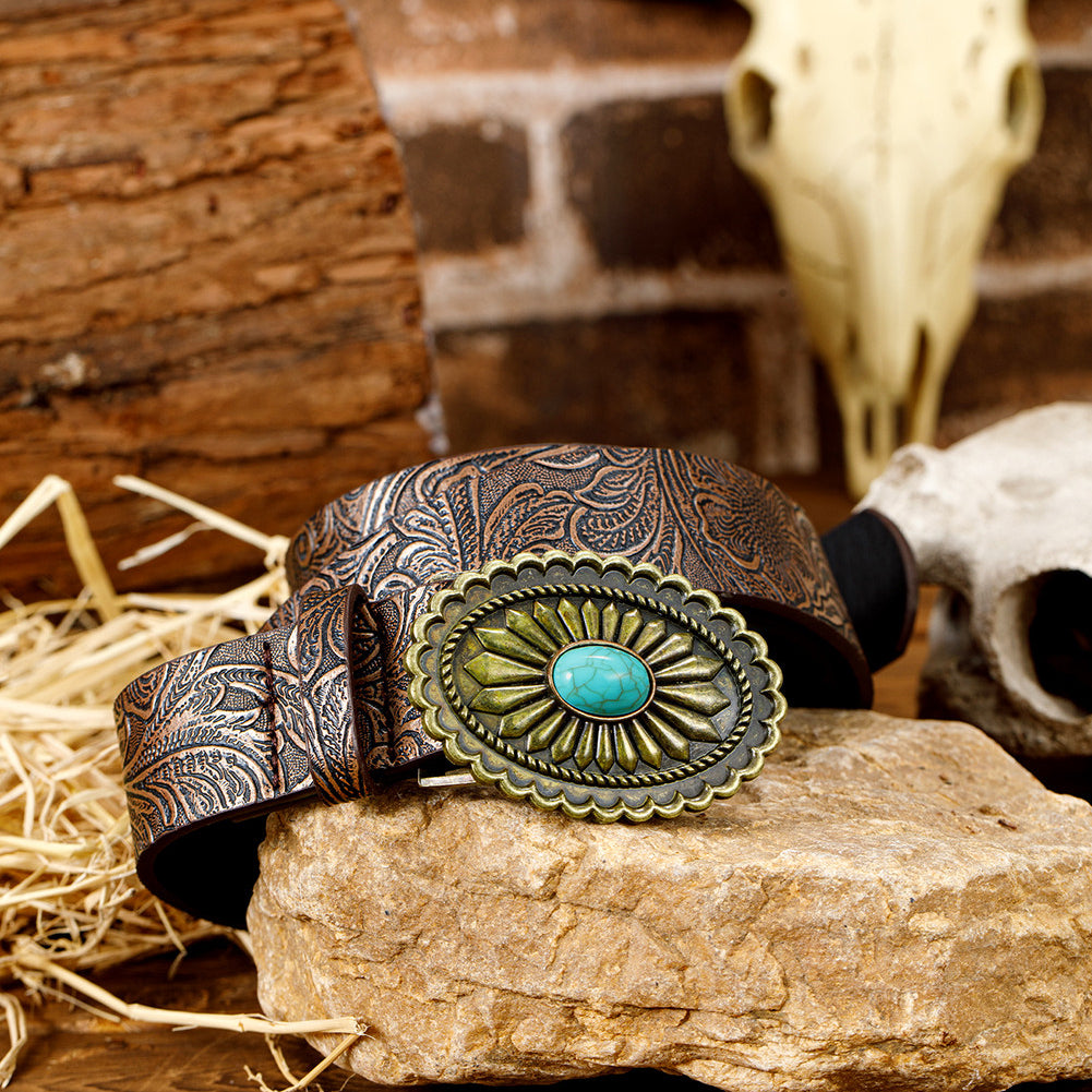 Brown Embossed Belt - Turquoise Buckle-Western Culture Leather