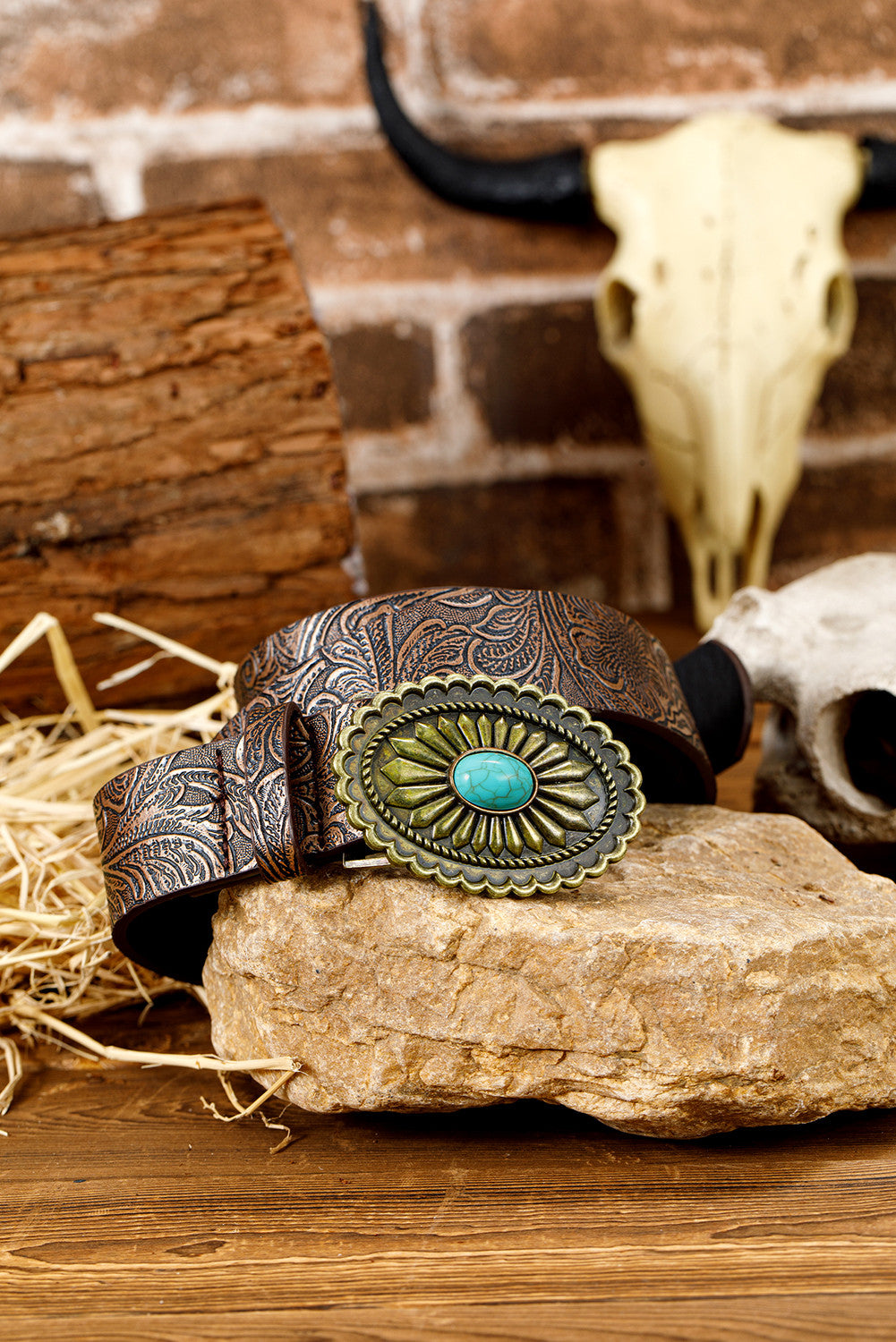 Brown Embossed Belt - Turquoise Buckle-Western Culture Leather