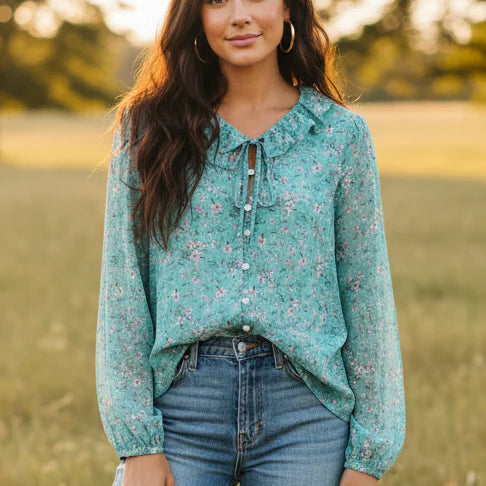 Florence Blue Floral Blouse-Western Culture Leather