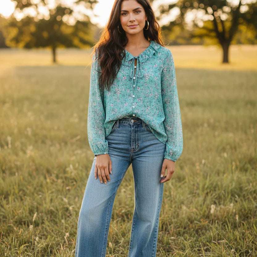Florence Blue Floral Blouse-Western Culture Leather