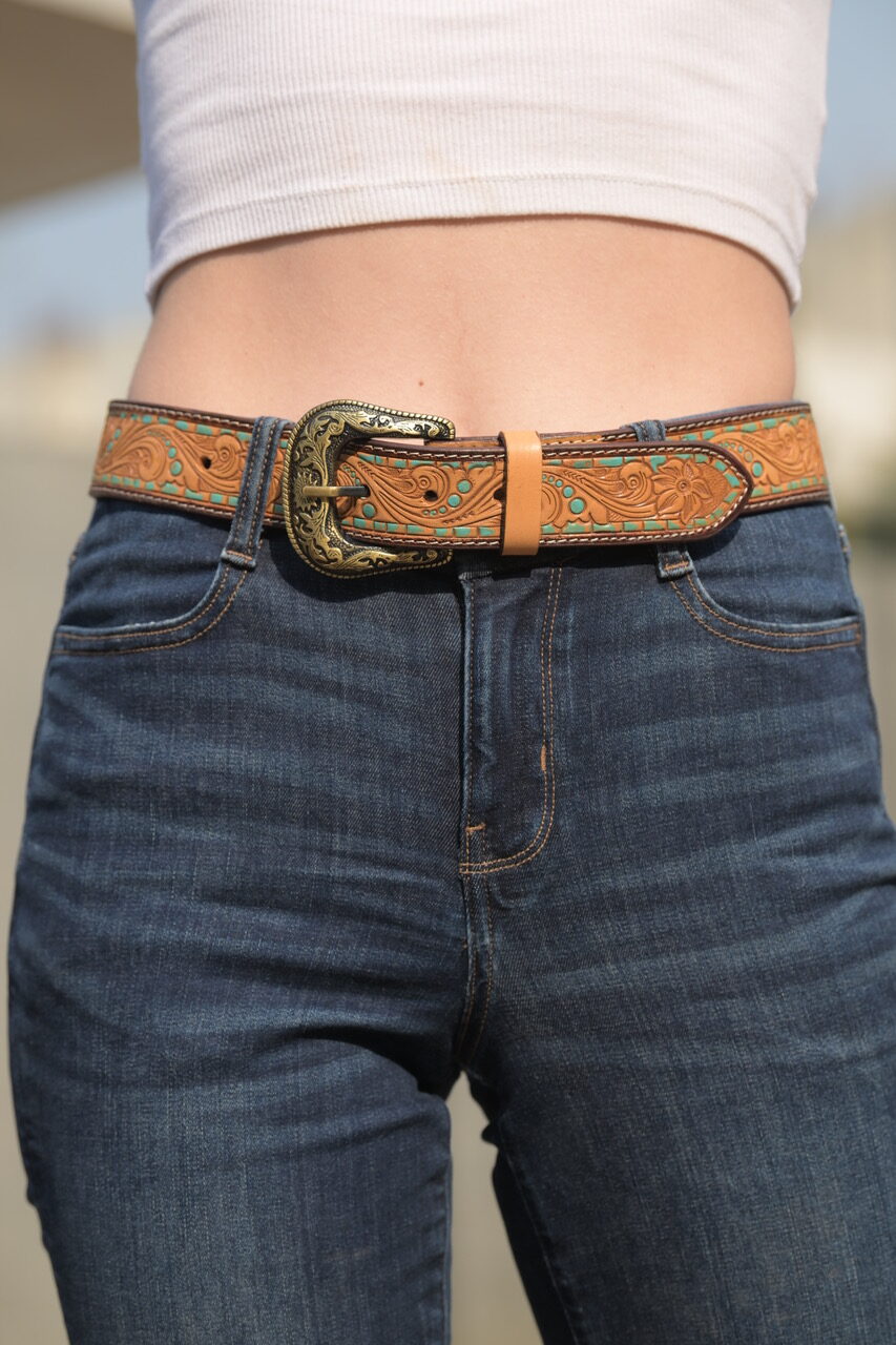 Turquoise Tooled Leather Belt-Western Culture Leather