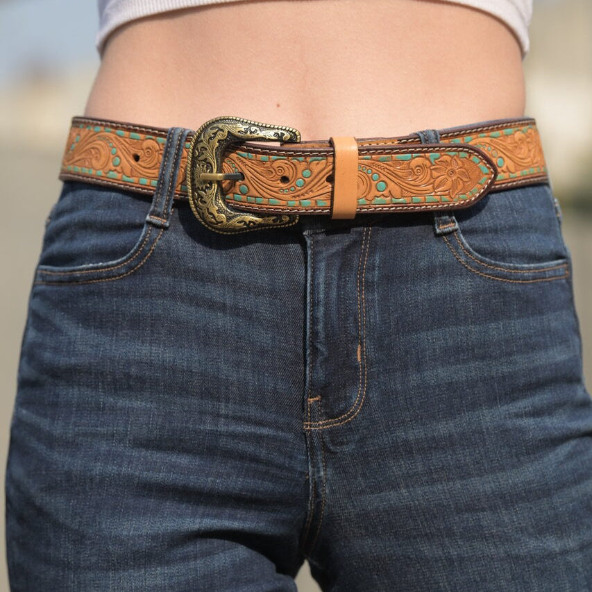 Turquoise Tooled Leather Belt-Western Culture Leather