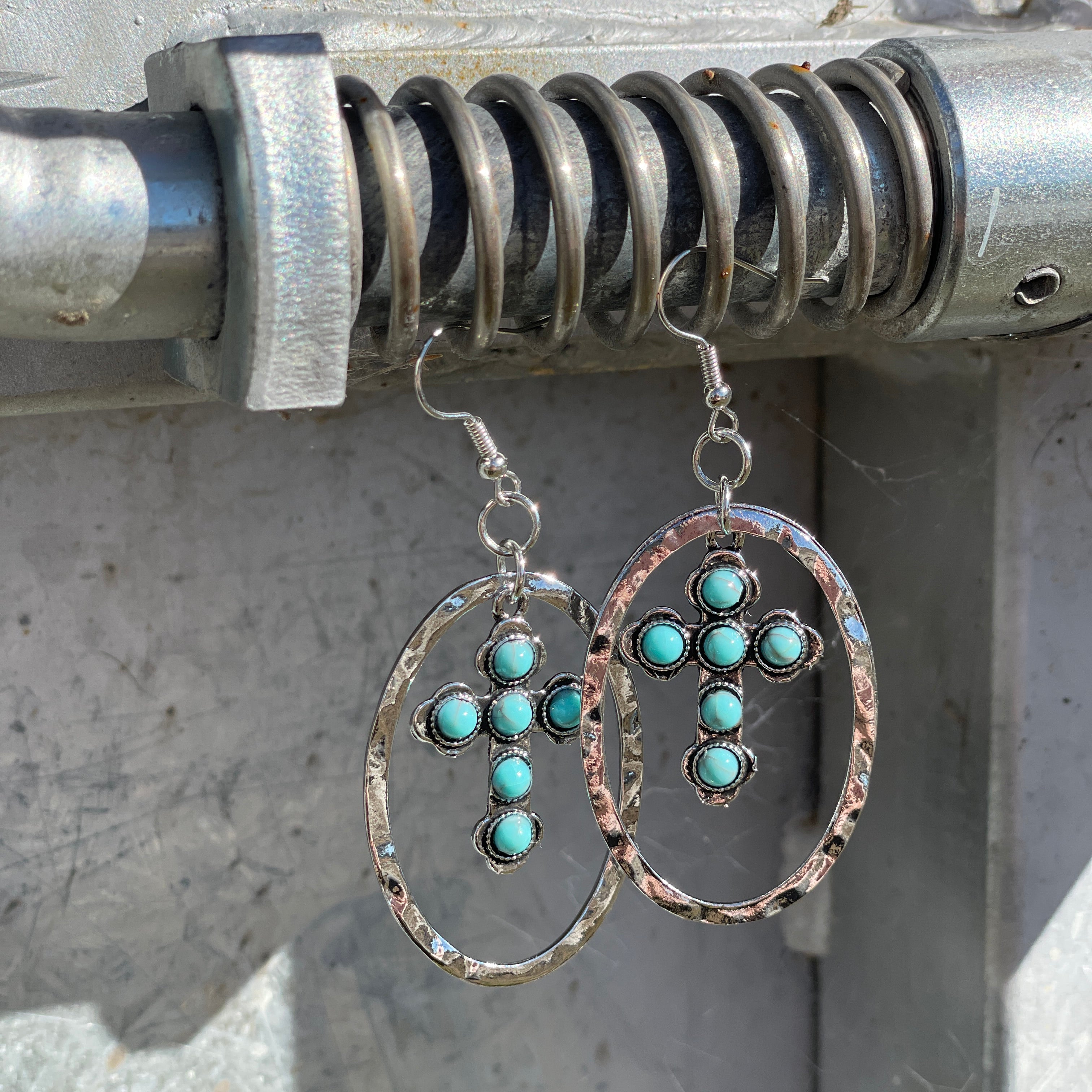 Turquoise Cross Hoop Earring-Western Culture Leather