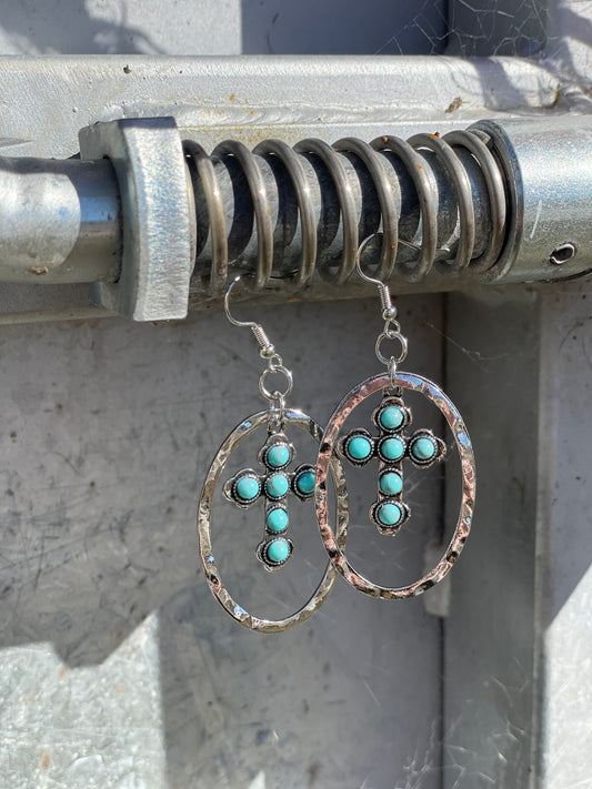 Turquoise Cross Hoop Earring-Western Culture Leather