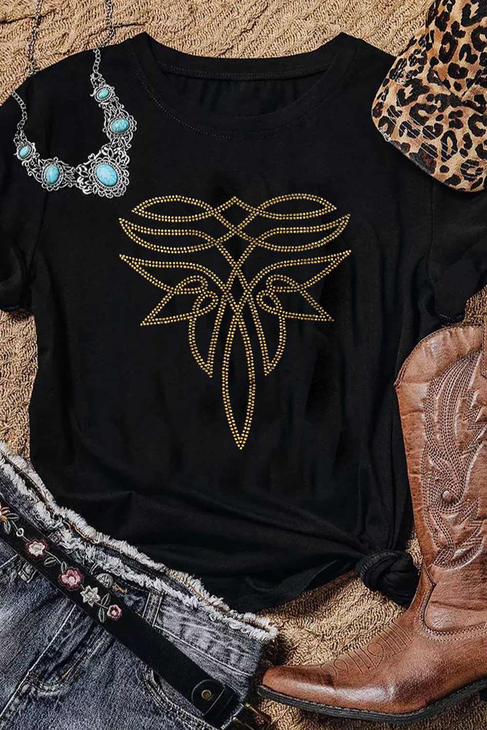 Brown Rhinestone Boot Stitch Tee-Western Culture Leather