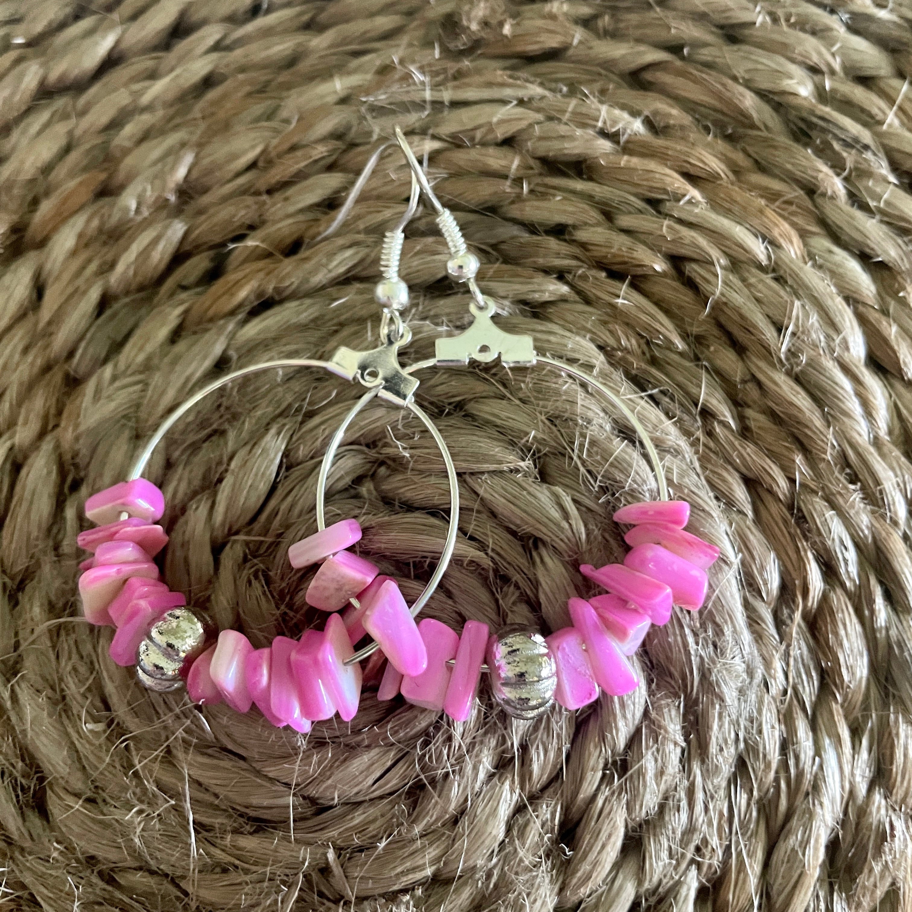 Pink coral hoop earring with silver bead-Western Culture Leather