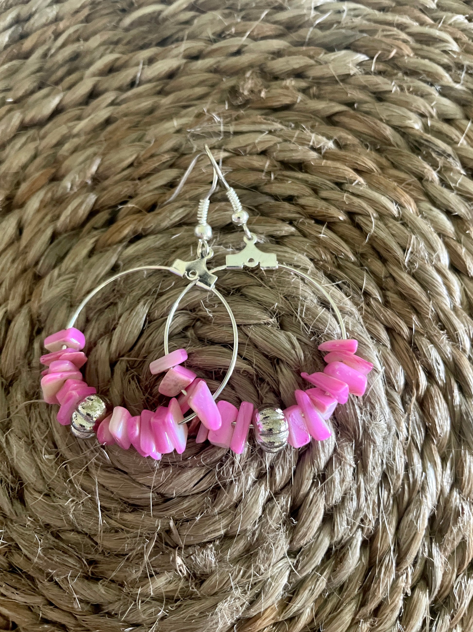 Pink coral hoop earring with silver bead-Western Culture Leather