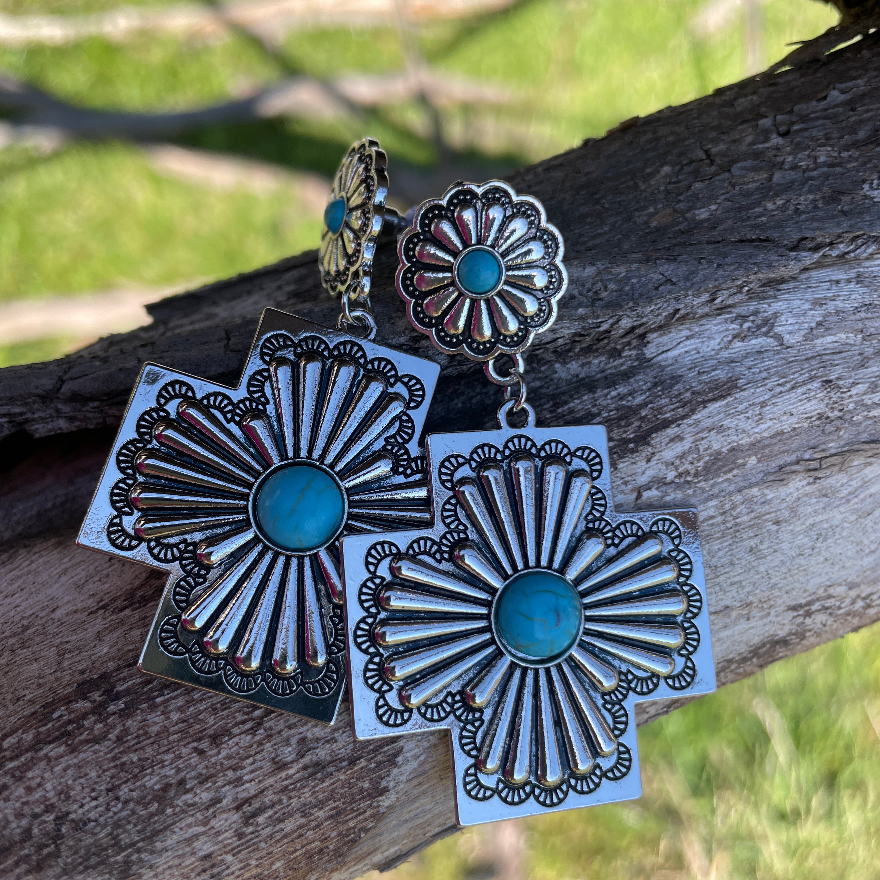 Silver cross drop earring-Western Culture Leather