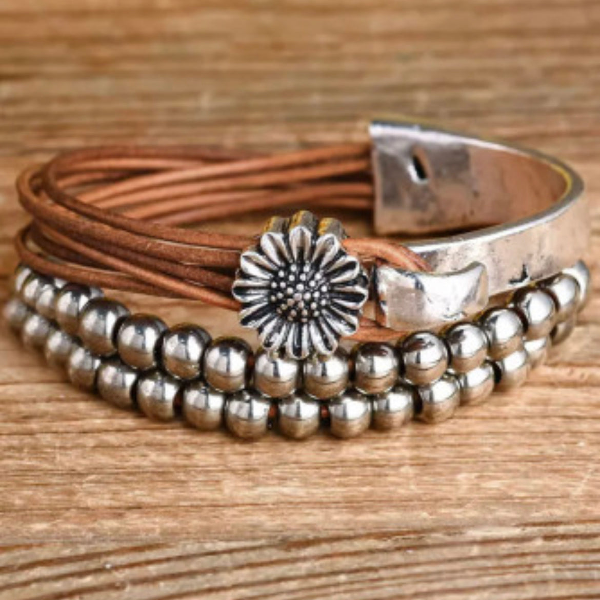 Sunflower Leather wrap and metal cuff-Western Culture Leather