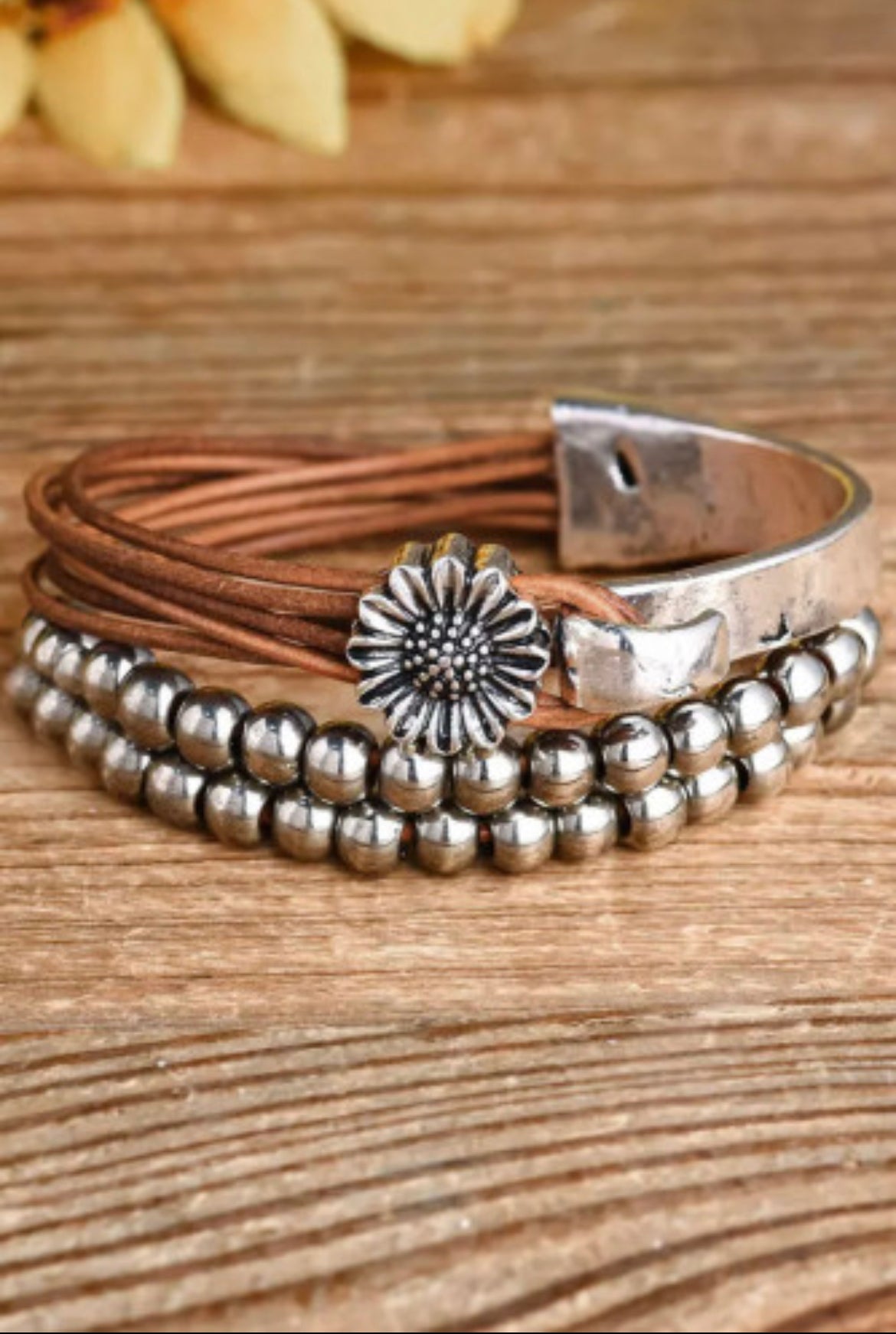 Sunflower Leather wrap and metal cuff-Western Culture Leather