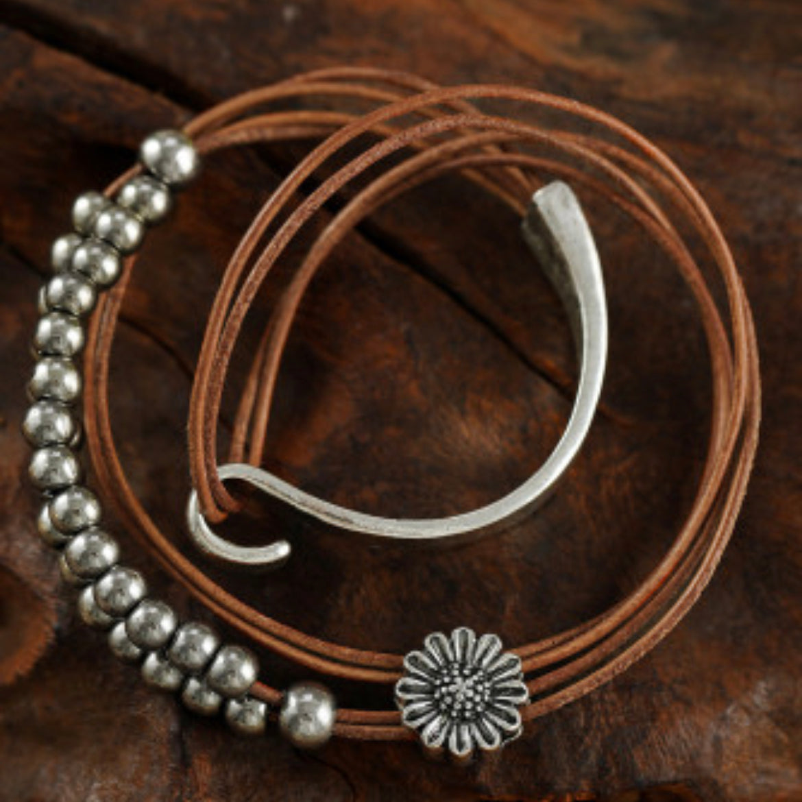 Sunflower Leather wrap and metal cuff-Western Culture Leather